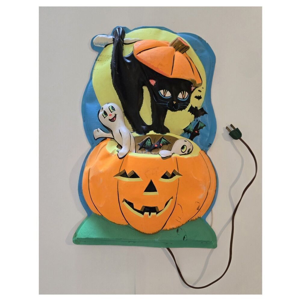 Vintage 1960's Halloween Black Cat Jack O Lantern Lighted Vaccuform  Mold...